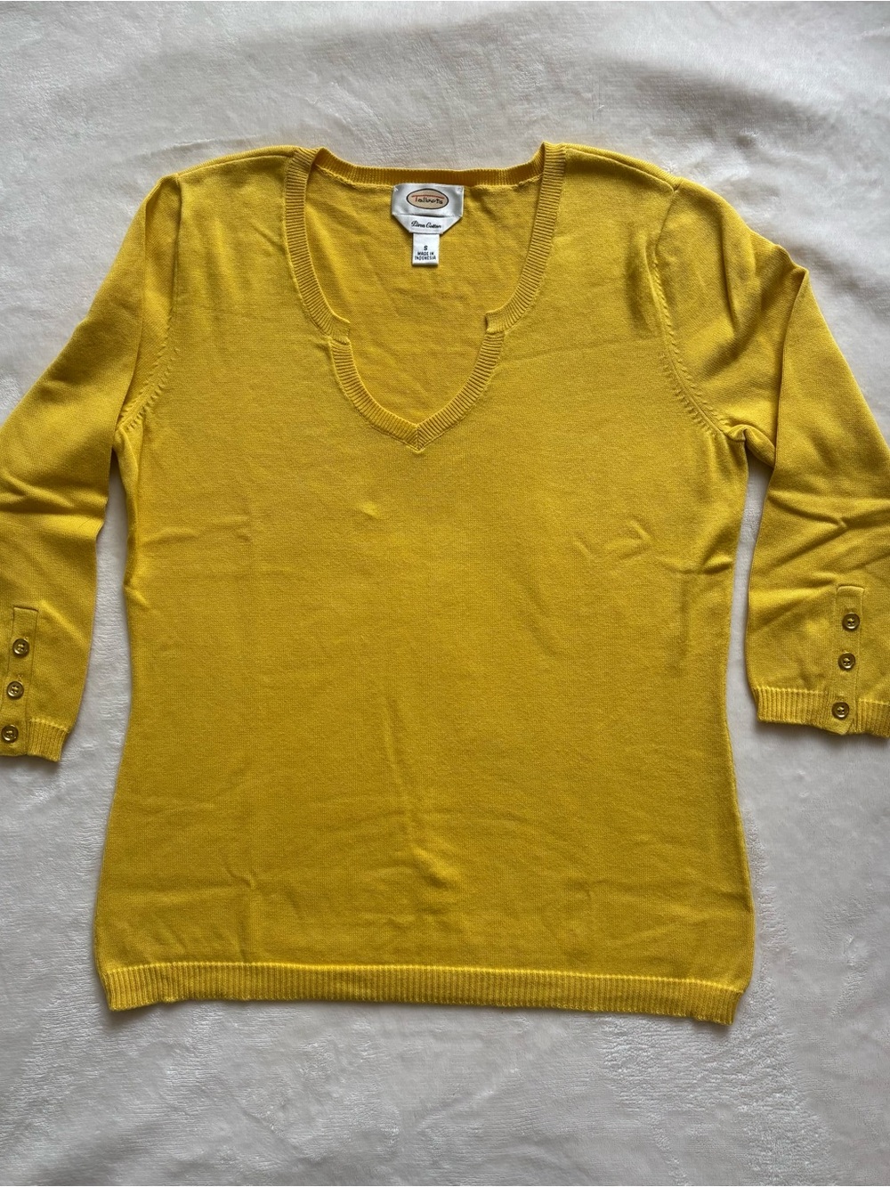 Talbots Yellow V-Neck 3/4 Sleeve Sweater with Button Cuffs